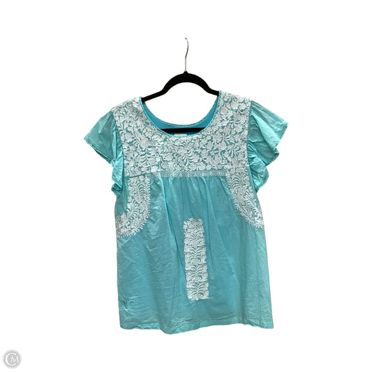 Designer Blouse Short Sleeve By J.marie In Blue, Size: M