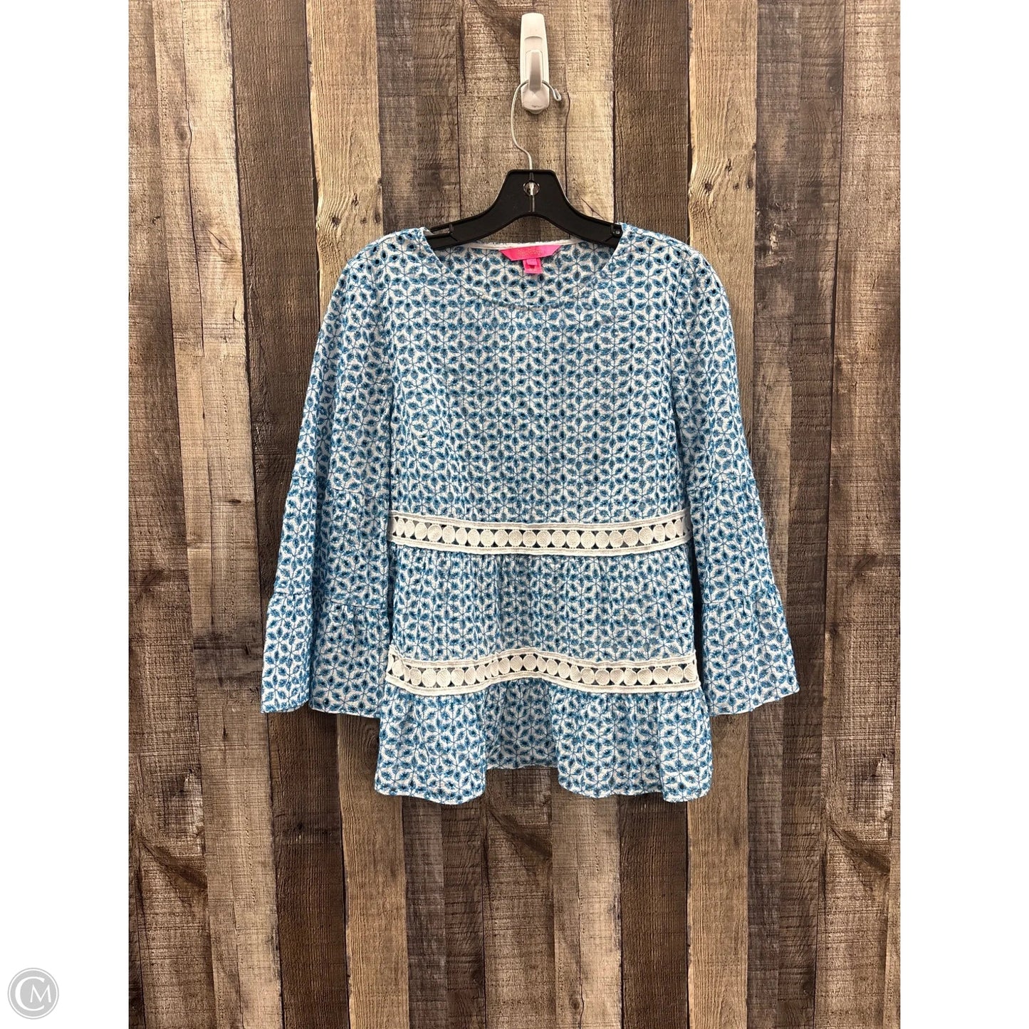Top 3/4 Sleeve Designer By Lilly Pulitzer In Blue & White, Size: S