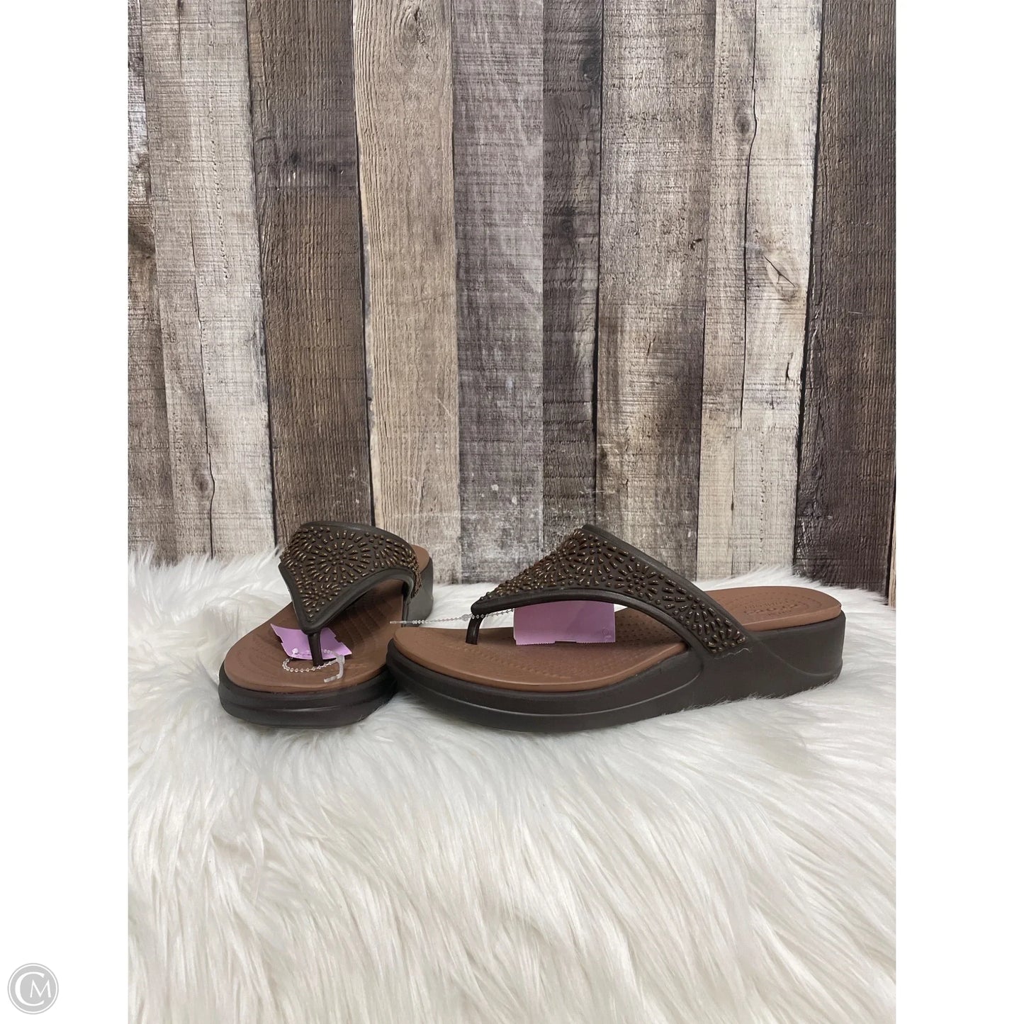 Sandals Heels Wedge By Crocs In Brown, Size: 8