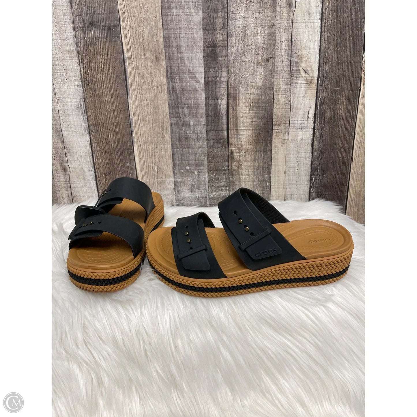 Sandals Heels Wedge By Crocs In Black & Brown, Size: 9