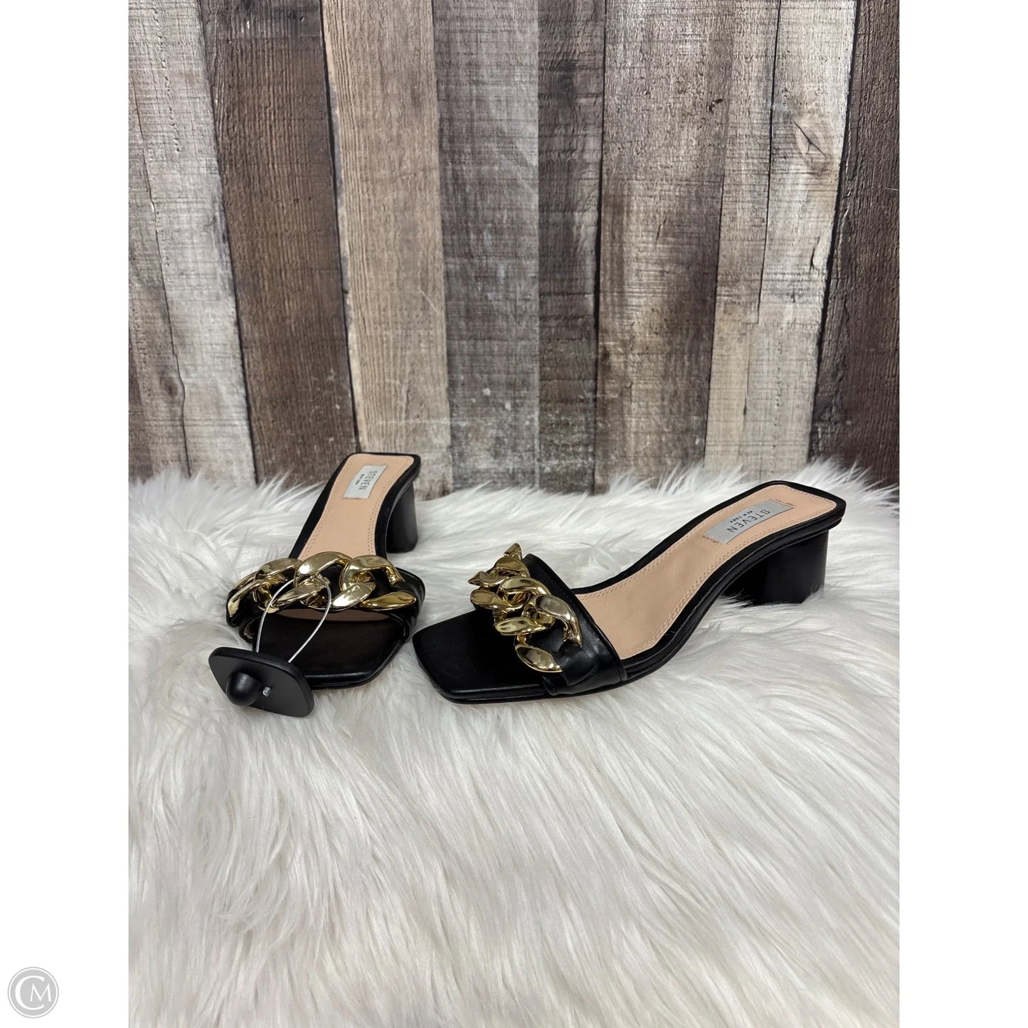 Sandals Heels Block By Steve Madden In Black & Gold, Size: 7