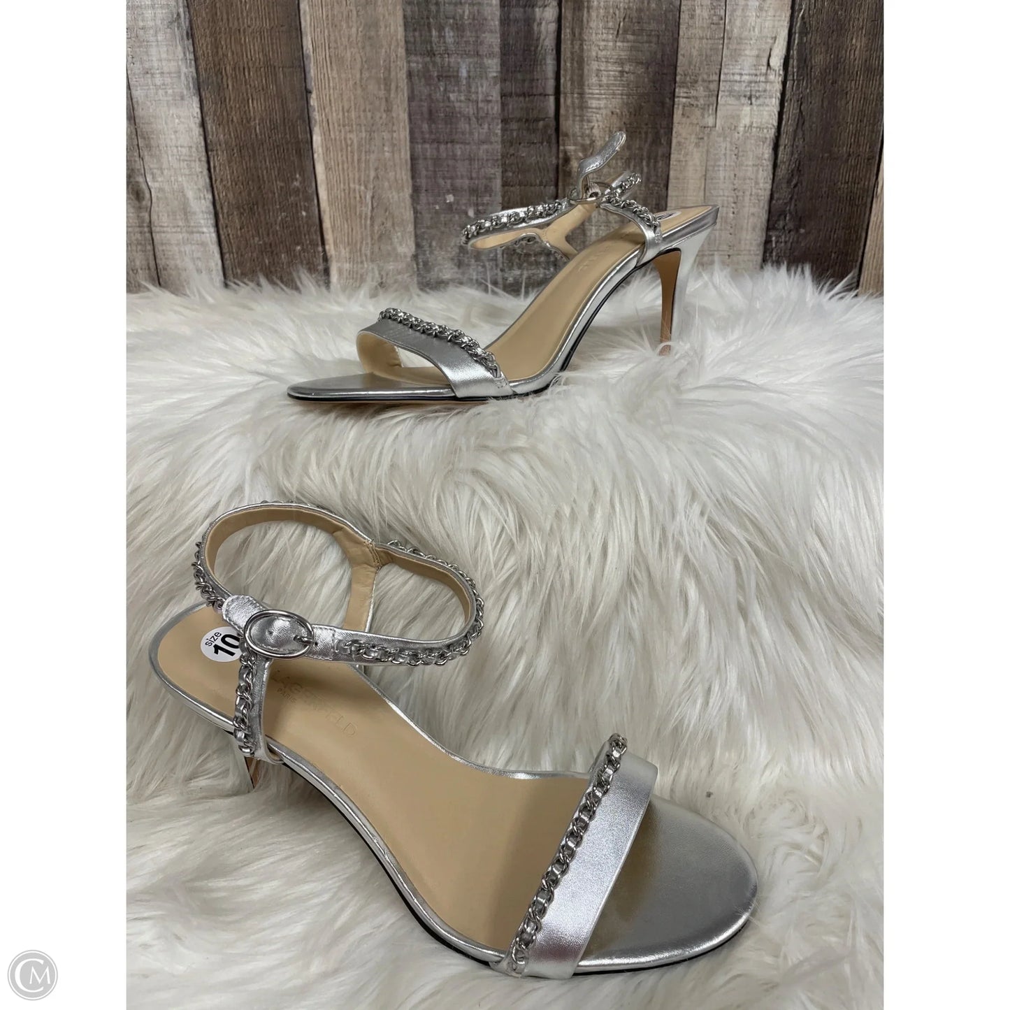 Sandals Heels Stiletto By Karl Lagerfeld In Silver, Size: 10