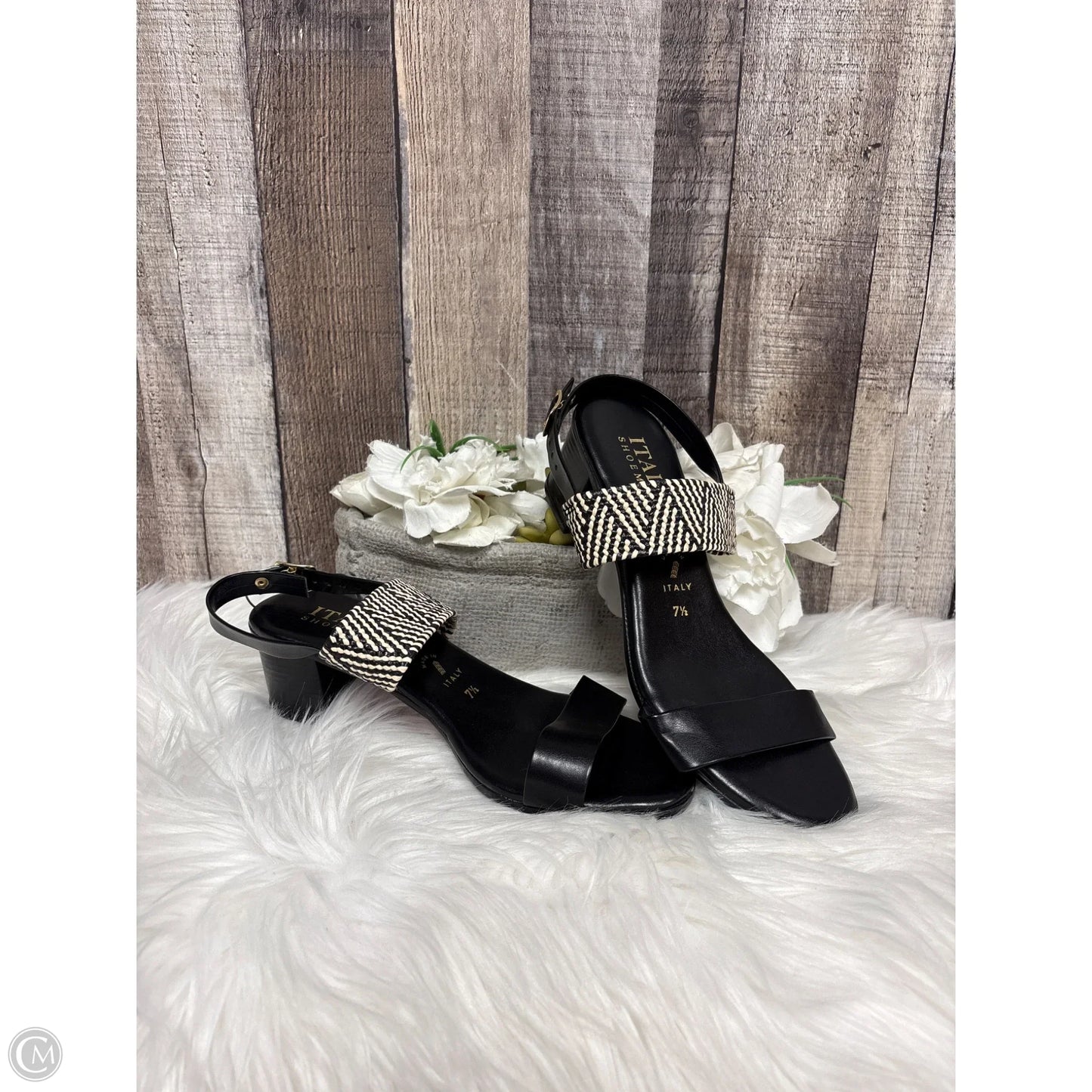Sandals Heels Block By Italian Shoemakers In Black & Cream, Size: 7.5