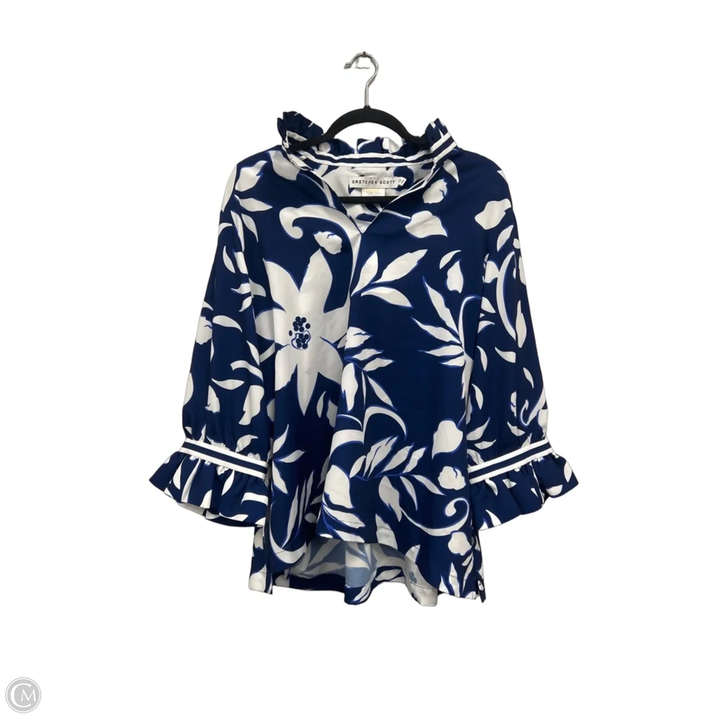 Blouse Long Sleeve By Gretchen Scott In Blue & White, Size: Xl
