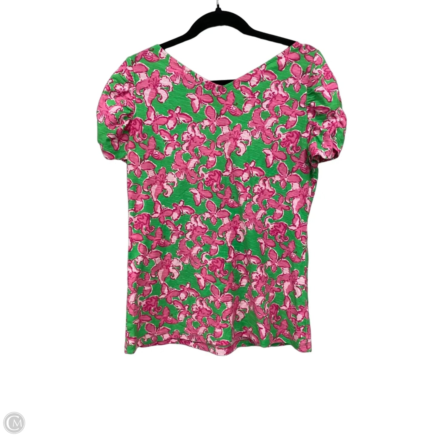 Top Short Sleeve Designer By Lilly Pulitzer In Green & Pink, Size: L