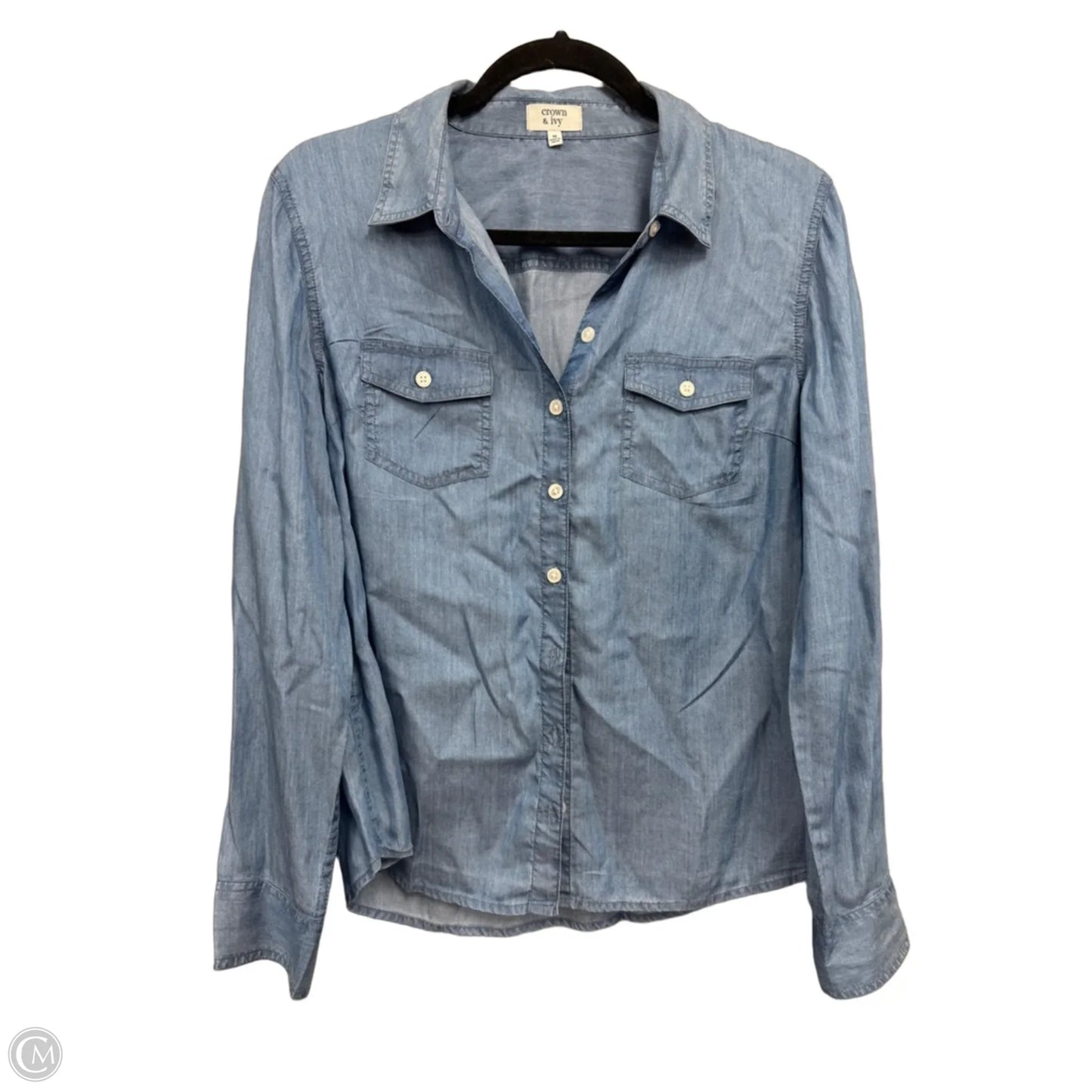 Blouse Long Sleeve By Crown And Ivy In Blue Denim, Size: M