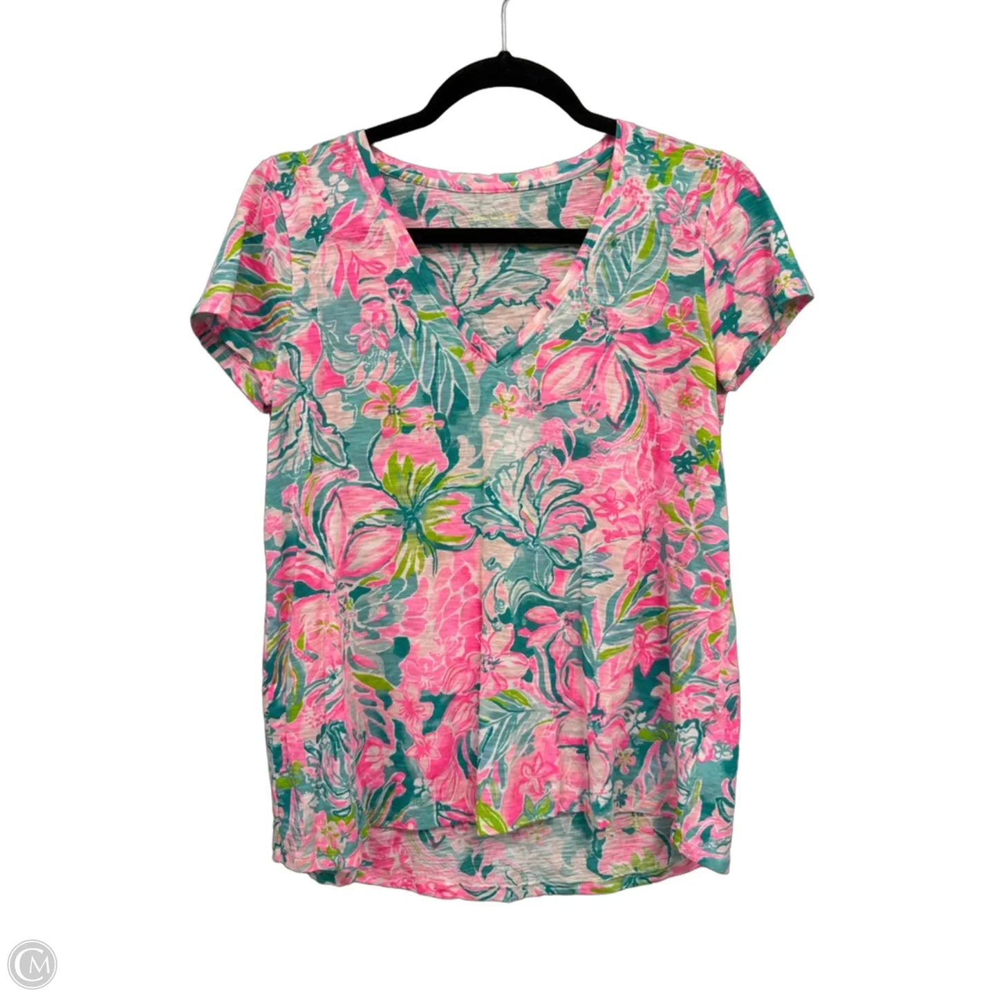 Top Short Sleeve Designer By Lilly Pulitzer In Green & Pink, Size: S
