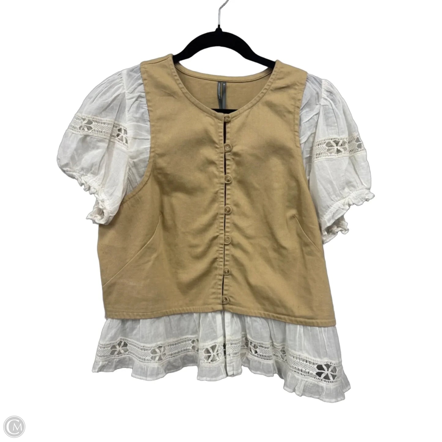 Top Short Sleeve By Anthropologie In Cream & Tan, Size: Xl
