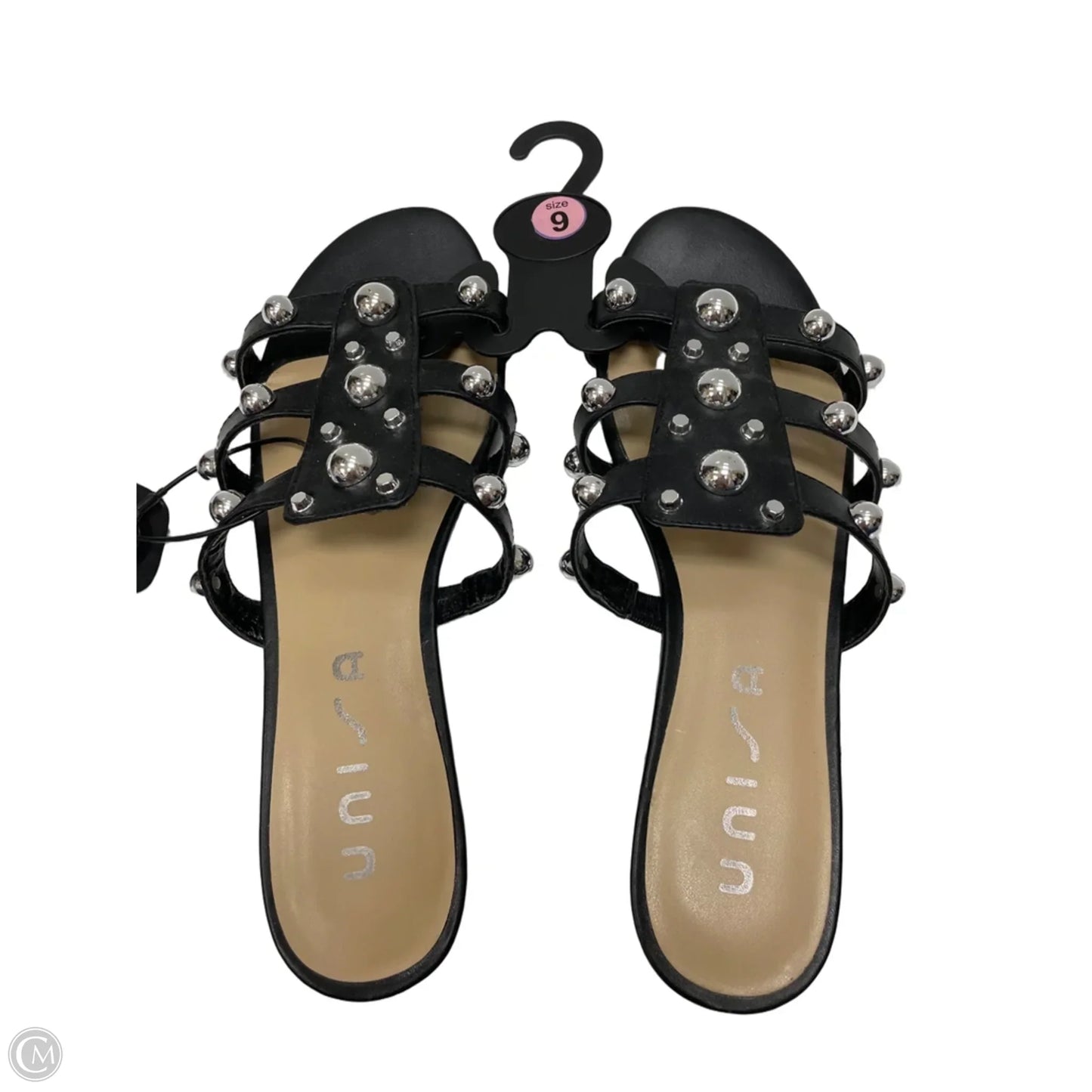 Sandals Flats By Unisa In Black & Silver, Size: 9