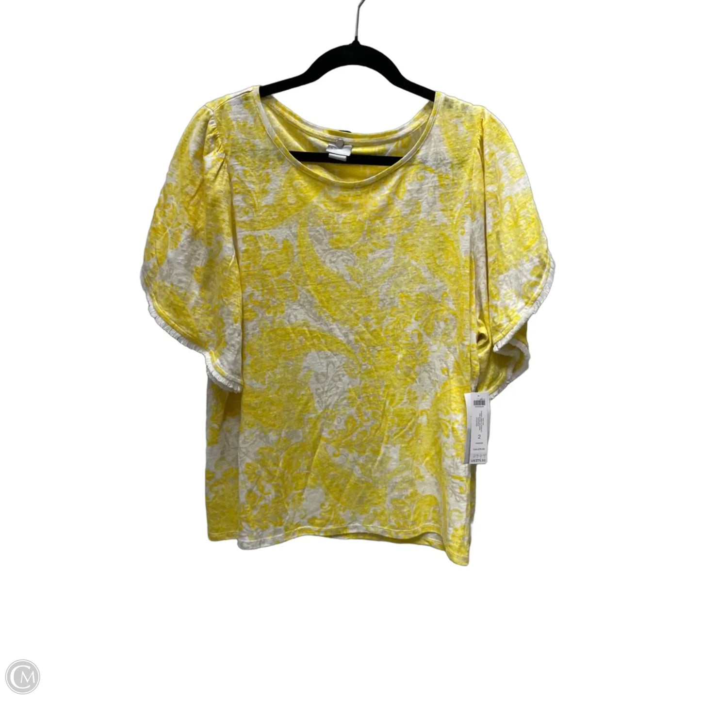 Top Short Sleeve By Chicos In White & Yellow, Size: L