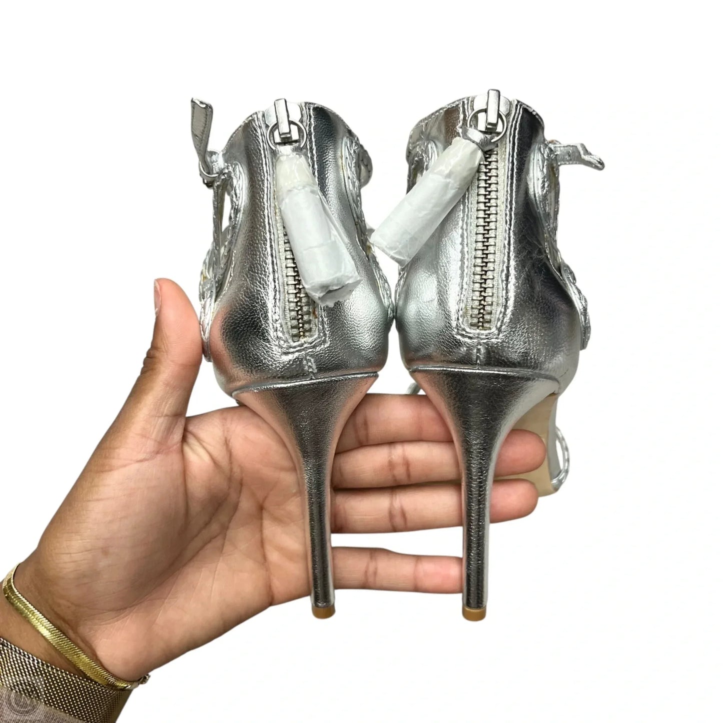 Sandals Heels Stiletto By Badgley Mischka In Silver, Size: 7.5