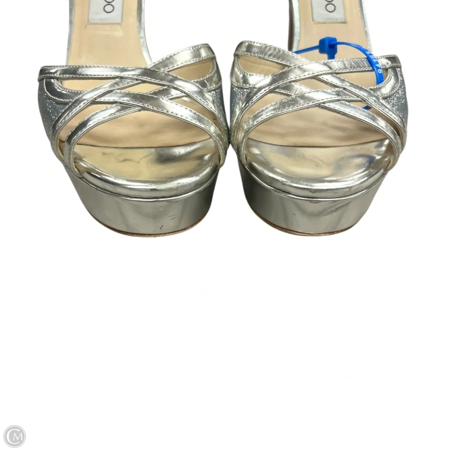 Sandals Luxury Designer By Jimmy Choo In Silver, Size: 7.5