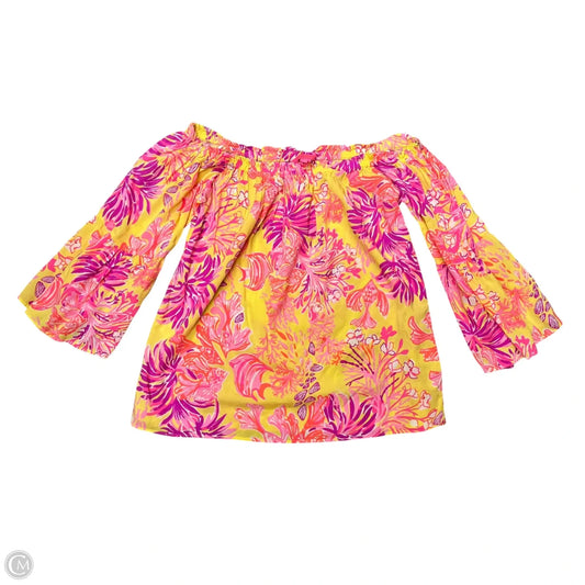 Top Short Sleeve Designer By Lilly Pulitzer In Purple & Yellow, Size: S