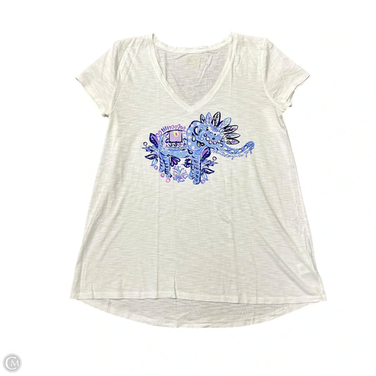 Top Short Sleeve Designer By Lilly Pulitzer In Blue & White, Size: S