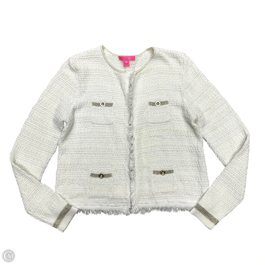 Sweater Cardigan Designer By Lilly Pulitzer In Gold & White, Size: L