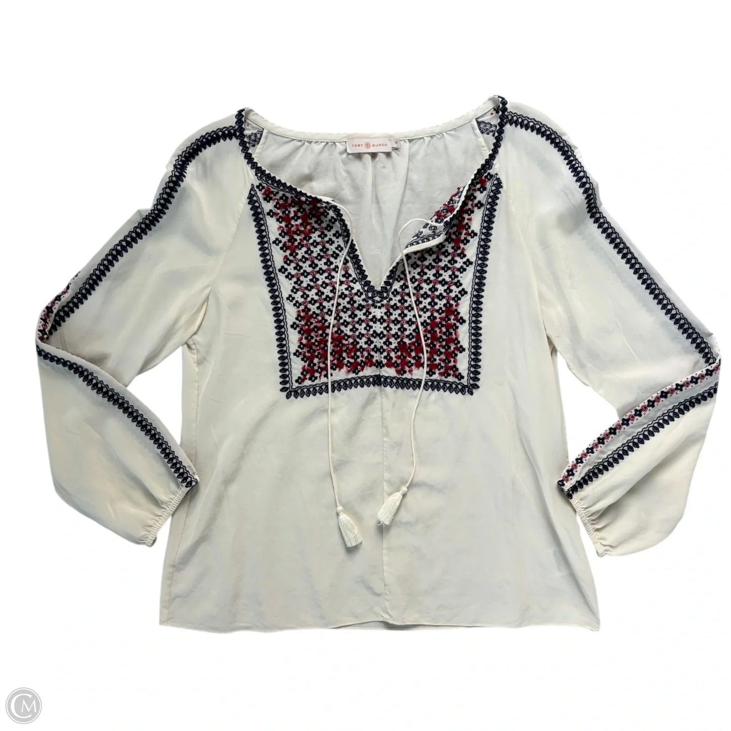 Top Long Sleeve Designer By Tory Burch In Blue & Cream, Size: 10