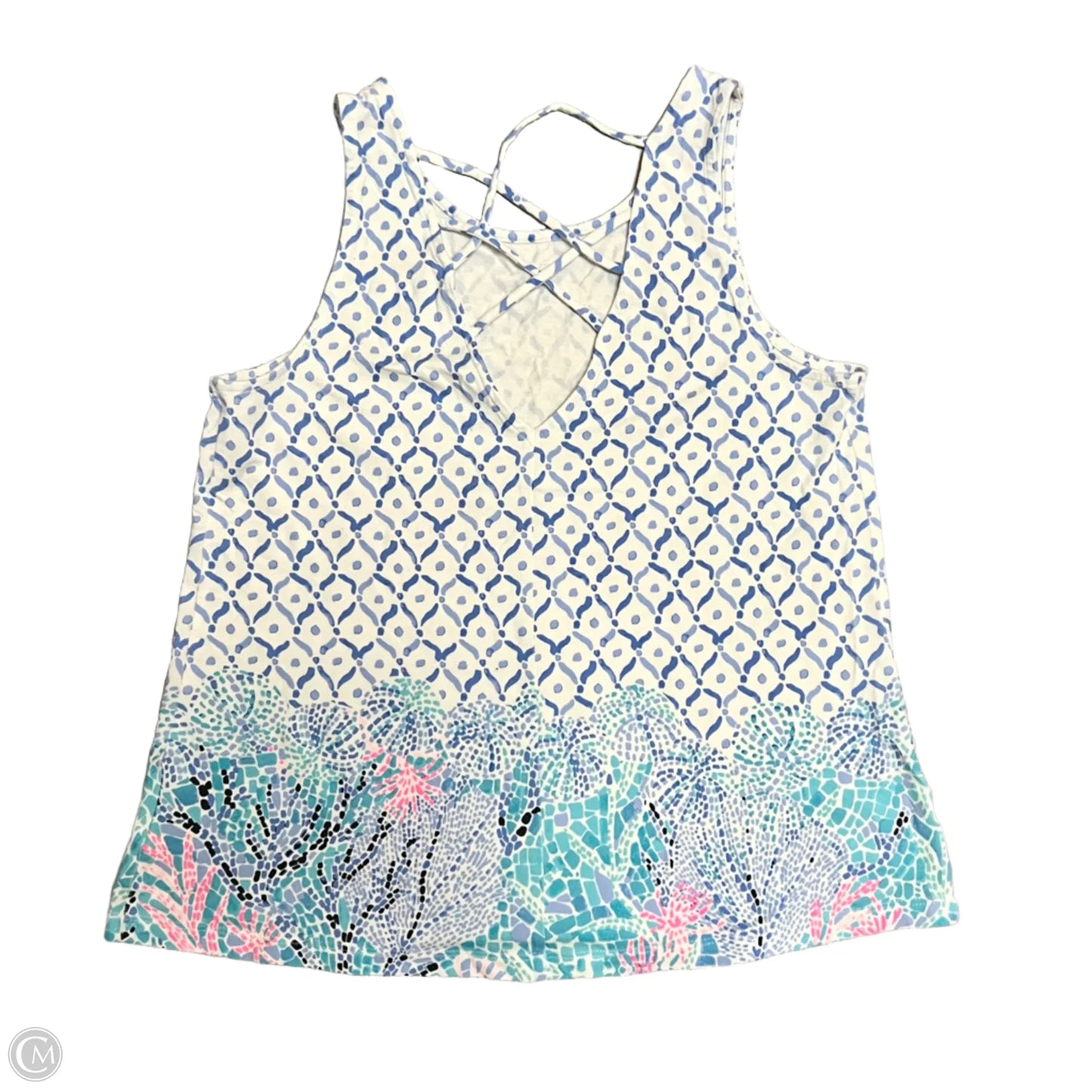 Top Short Sleeve Designer By Lilly Pulitzer In Blue & White, Size: S