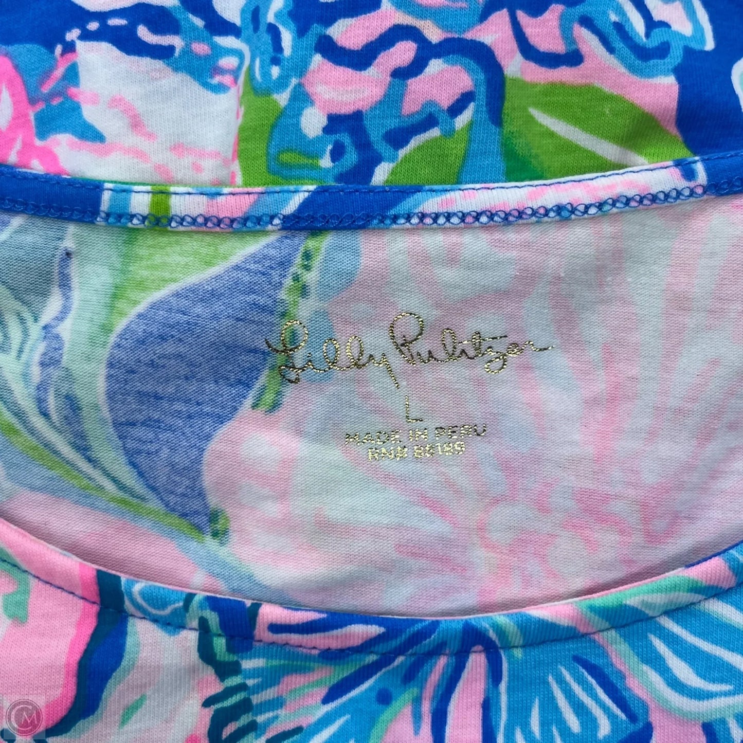 Top Short Sleeve Designer By Lilly Pulitzer In Blue & Pink, Size: L