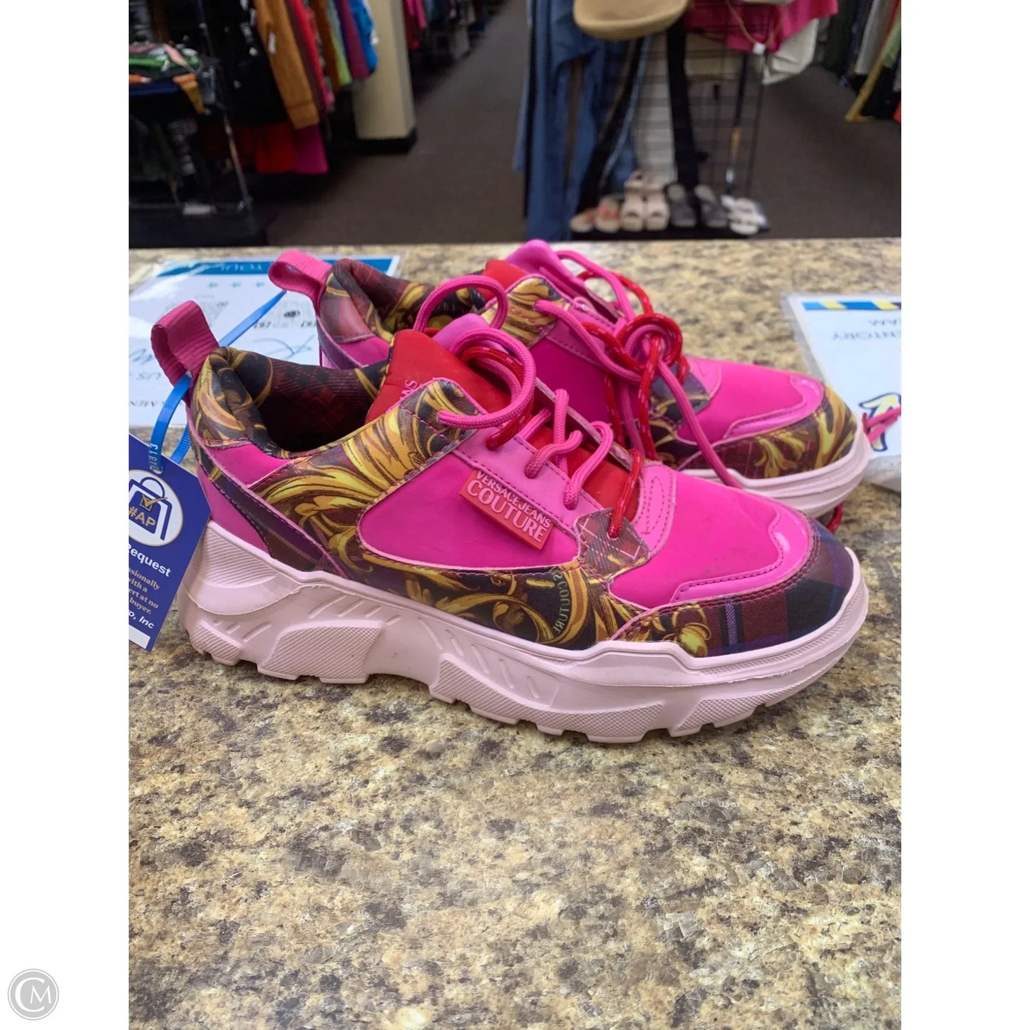 Shoes Luxury Designer By Versace In Pink & Yellow, Size: 6.5