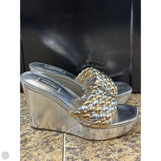 Sandals Heels Wedge By Nine West In Gold & Silver, Size: 8