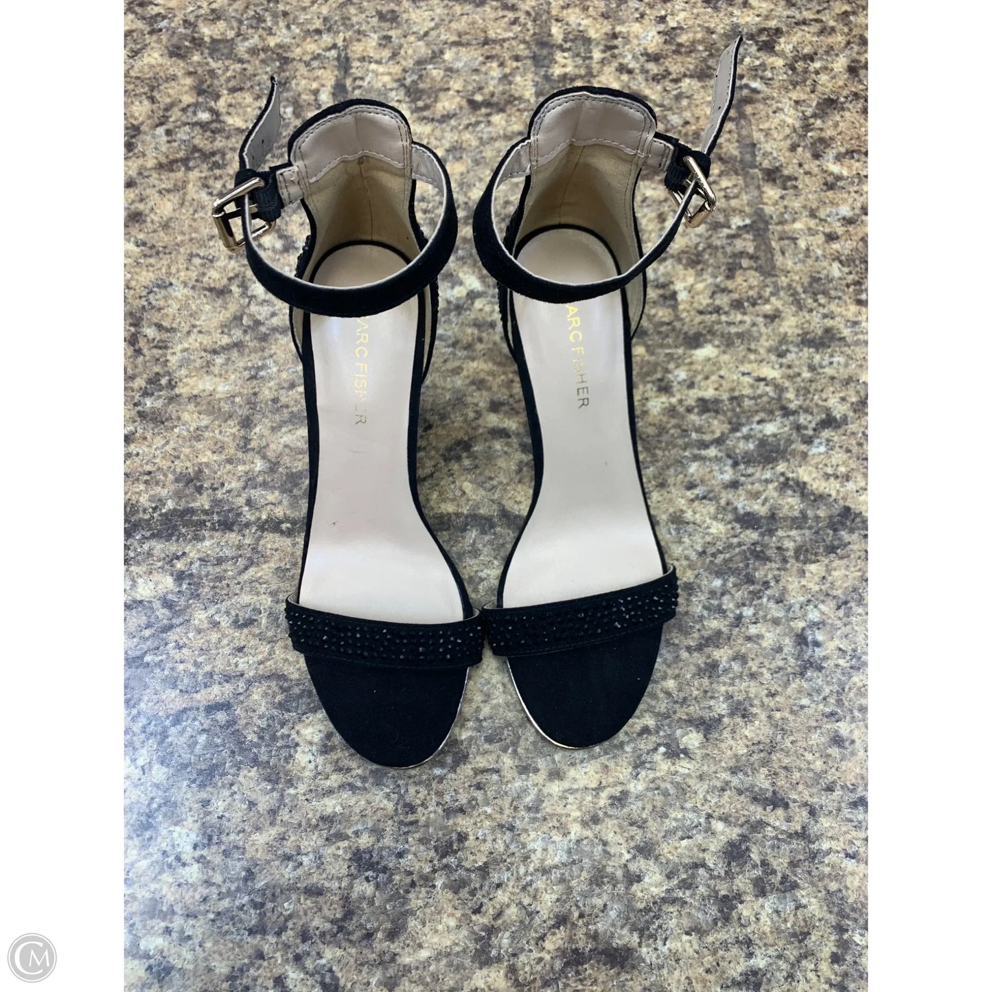 Sandals Heels Stiletto By Marc Fisher In Black & Gold, Size: 6.5