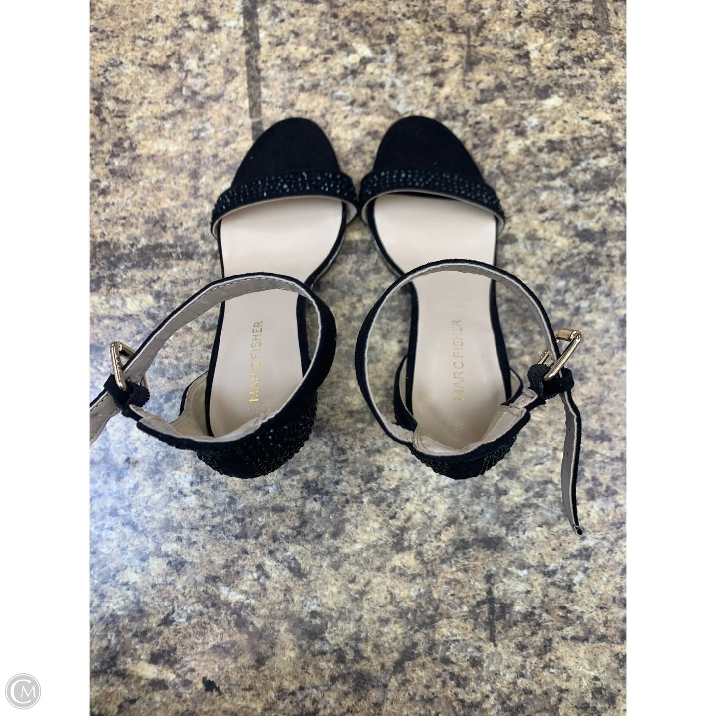 Sandals Heels Stiletto By Marc Fisher In Black & Gold, Size: 6.5