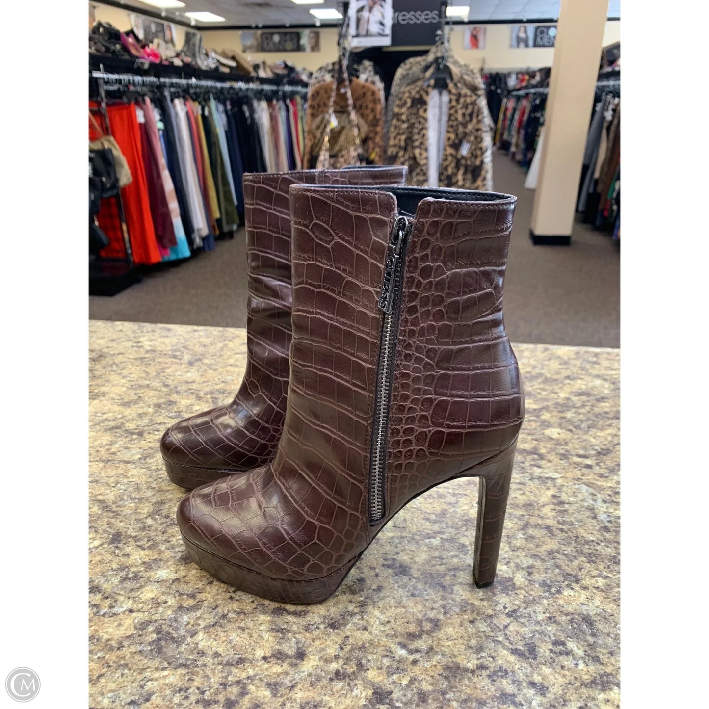 Boots Ankle Heels By Guess In Brown, Size: 8