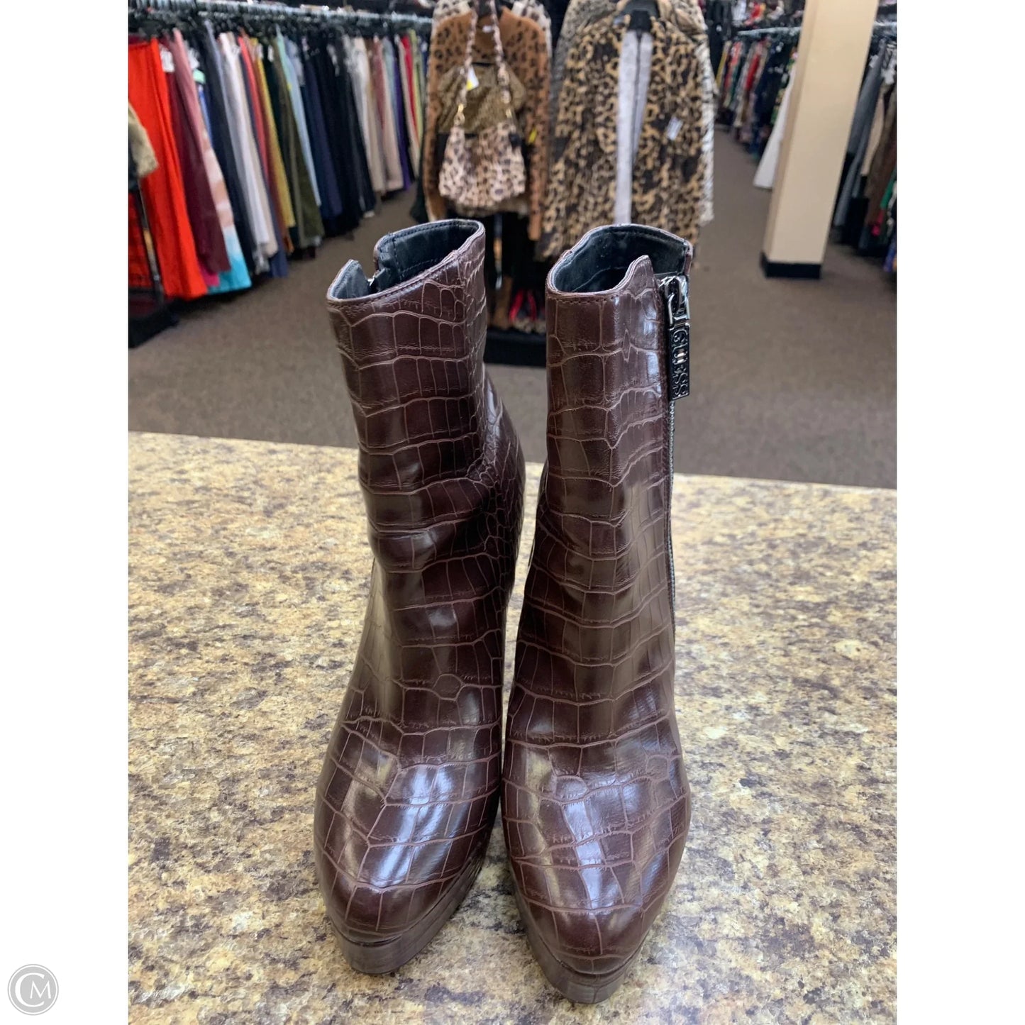 Boots Ankle Heels By Guess In Brown, Size: 8