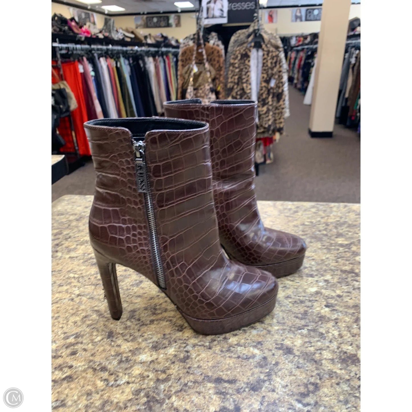 Boots Ankle Heels By Guess In Brown, Size: 8