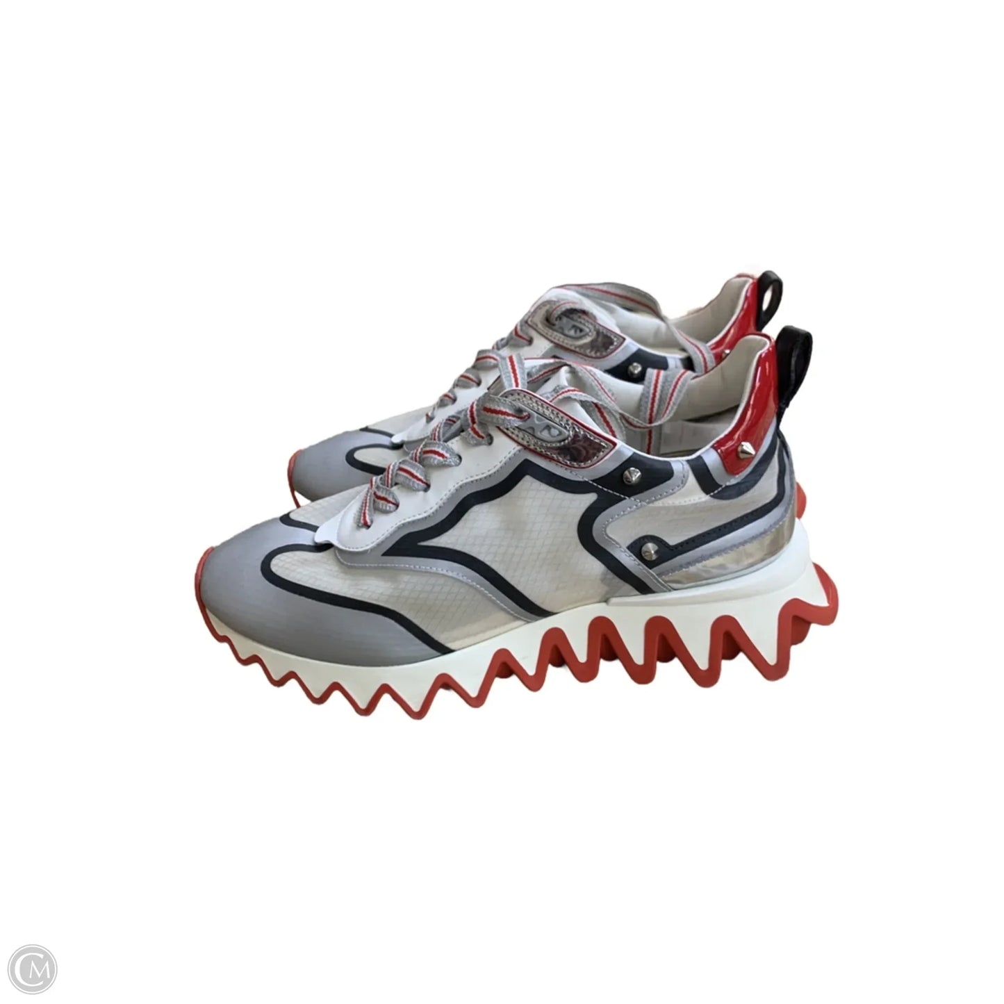 Shoes Luxury Designer By Christian Louboutin In Red & Silver, Size: 7