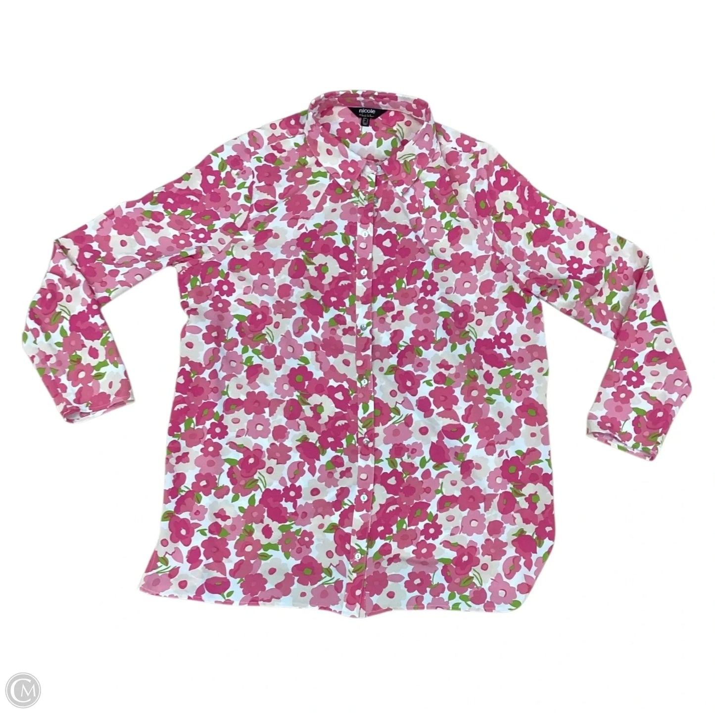 Blouse Long Sleeve By Nicole By Nicole Miller In Pink & White, Size: L