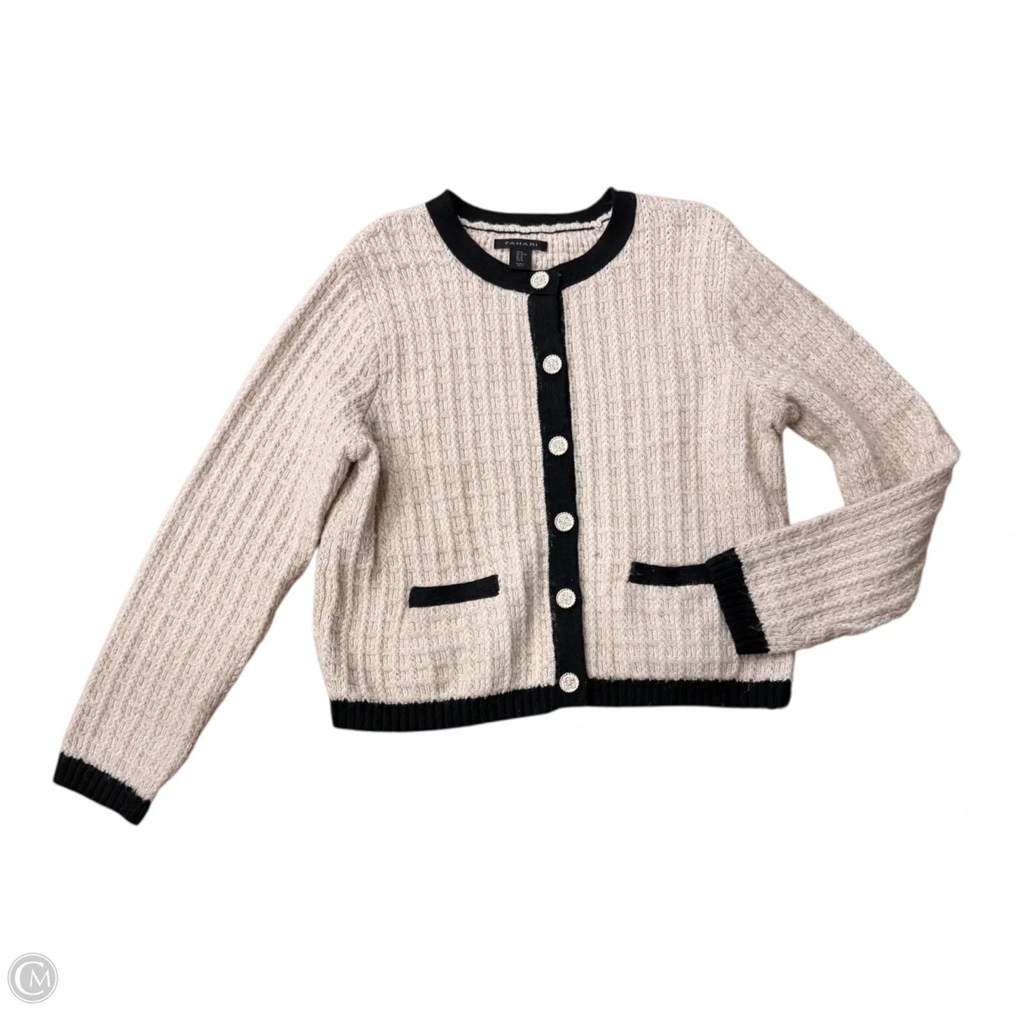 Sweater Cardigan By Tahari In Black & Cream, Size: Xl