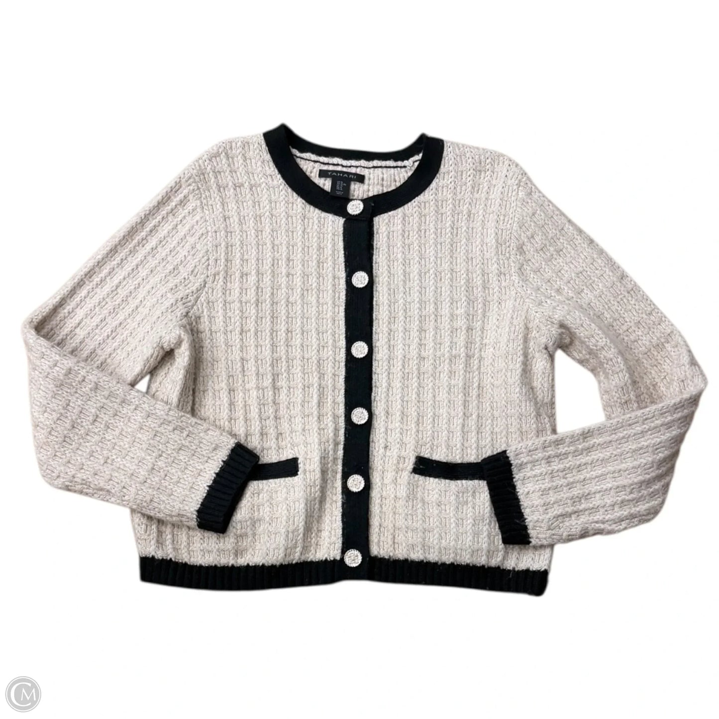Sweater Cardigan By Tahari In Black & Cream, Size: Xl