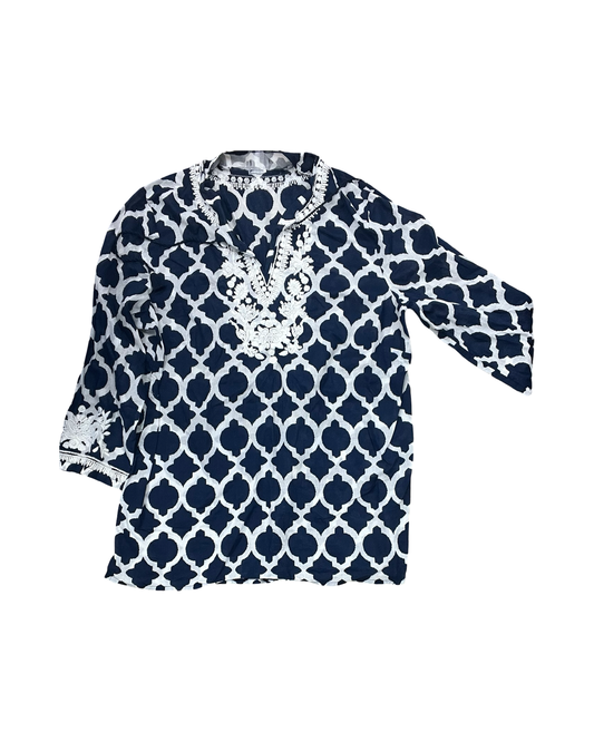 Top 3/4 Sleeve By Talbots In Blue & White, Size:L