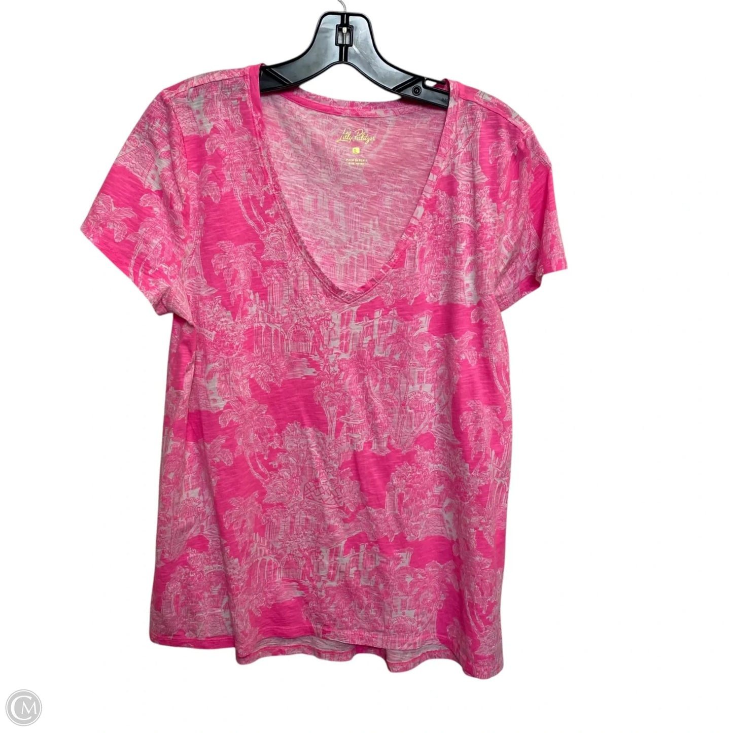 Top Short Sleeve Designer By Lilly Pulitzer In Pink & White, Size: L