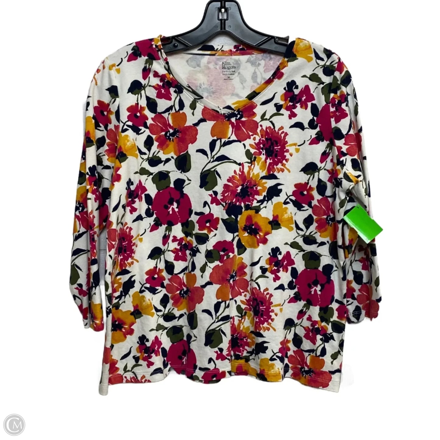 Top 3/4 Sleeve Basic By Kim Rogers In Pink & White, Size: M