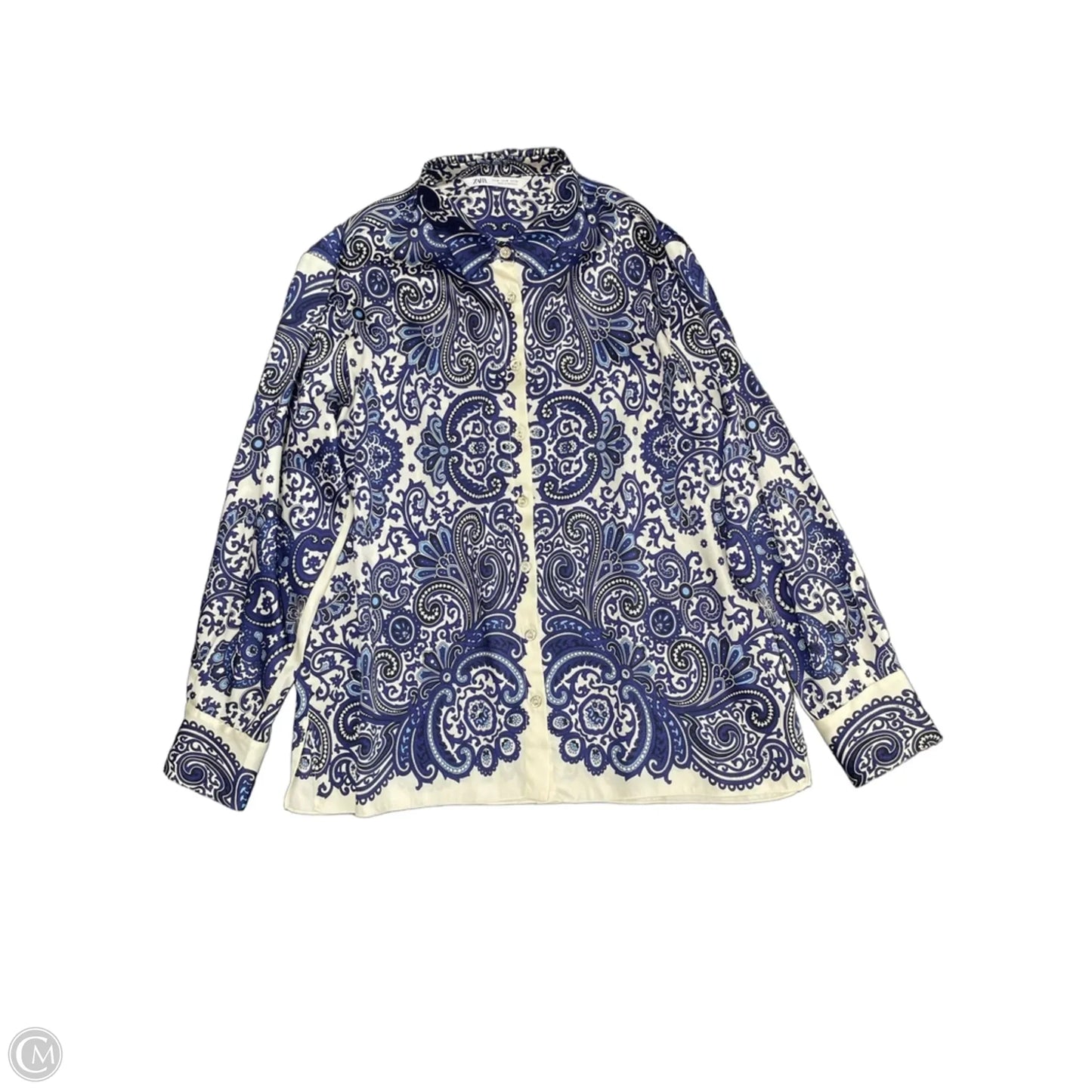 Blouse Long Sleeve By Zara In Blue & White, Size: M