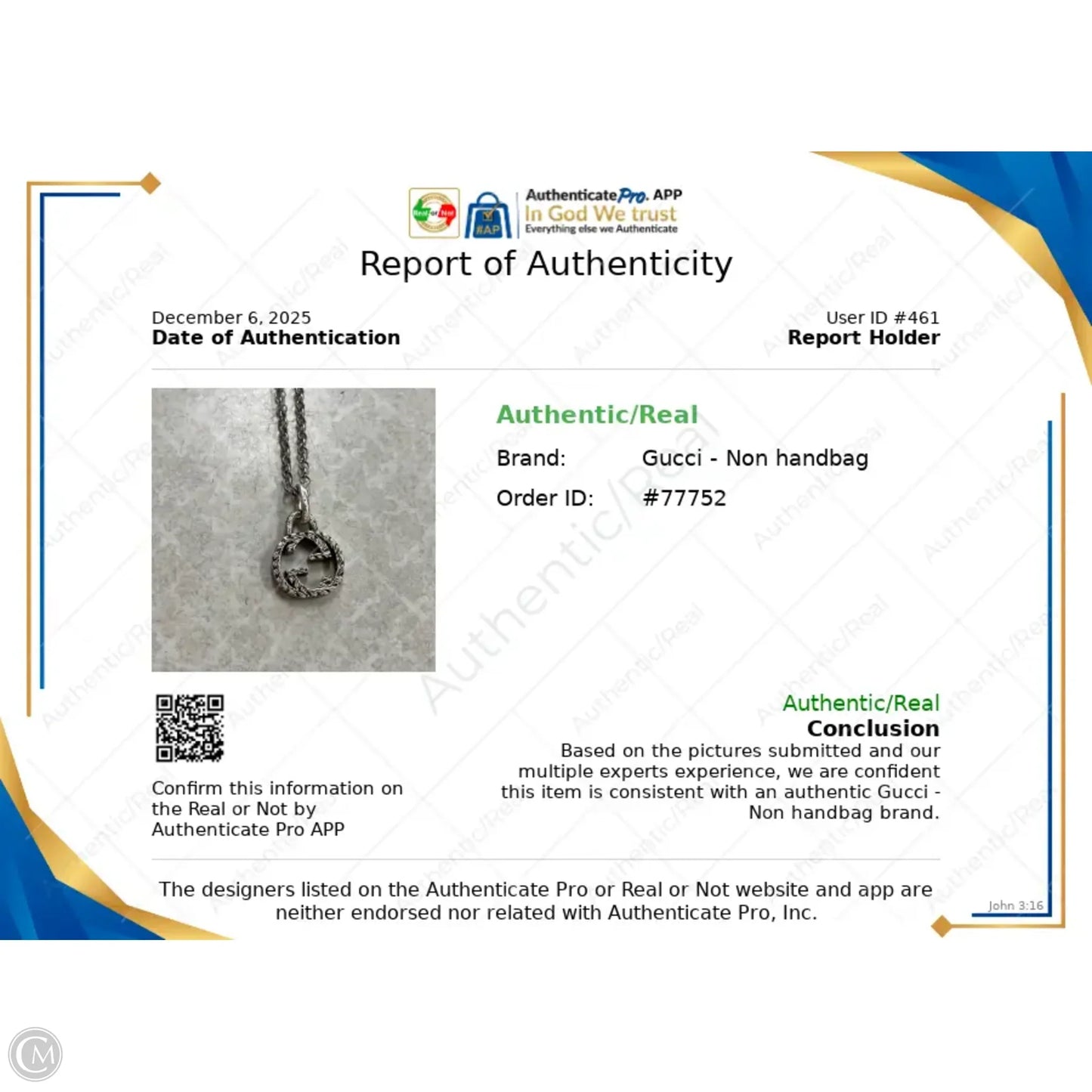 Necklace Luxury Designer By Gucci