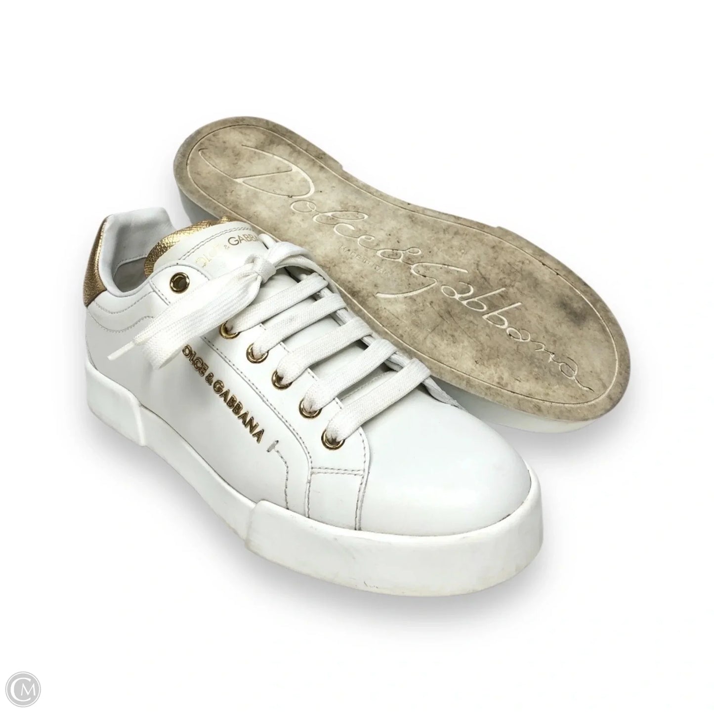 Shoes Luxury Designer By Dolce And Gabbana In Gold & White, Size: 7.5