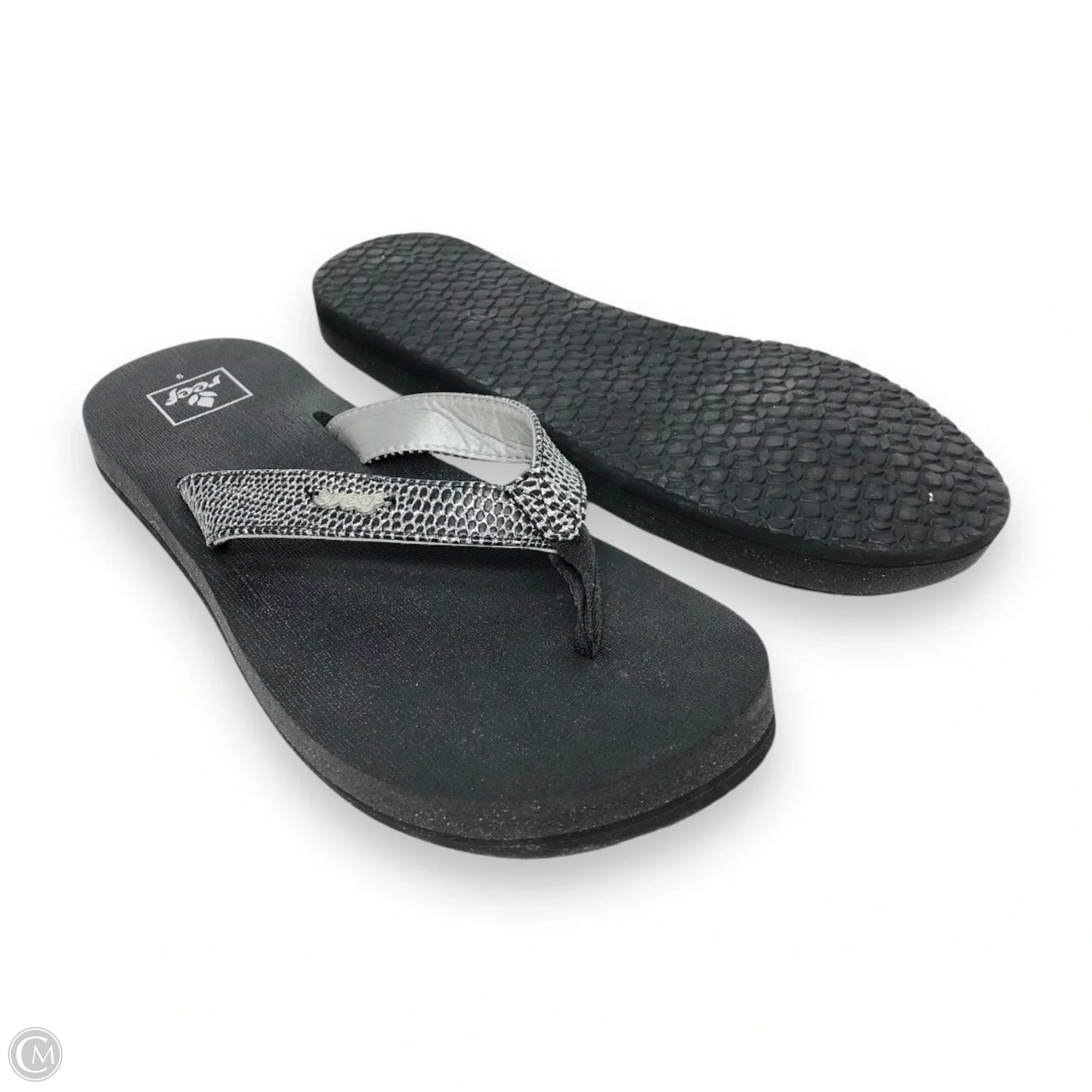Sandals Flip Flops By Reef In Black & Silver, Size: 9.5