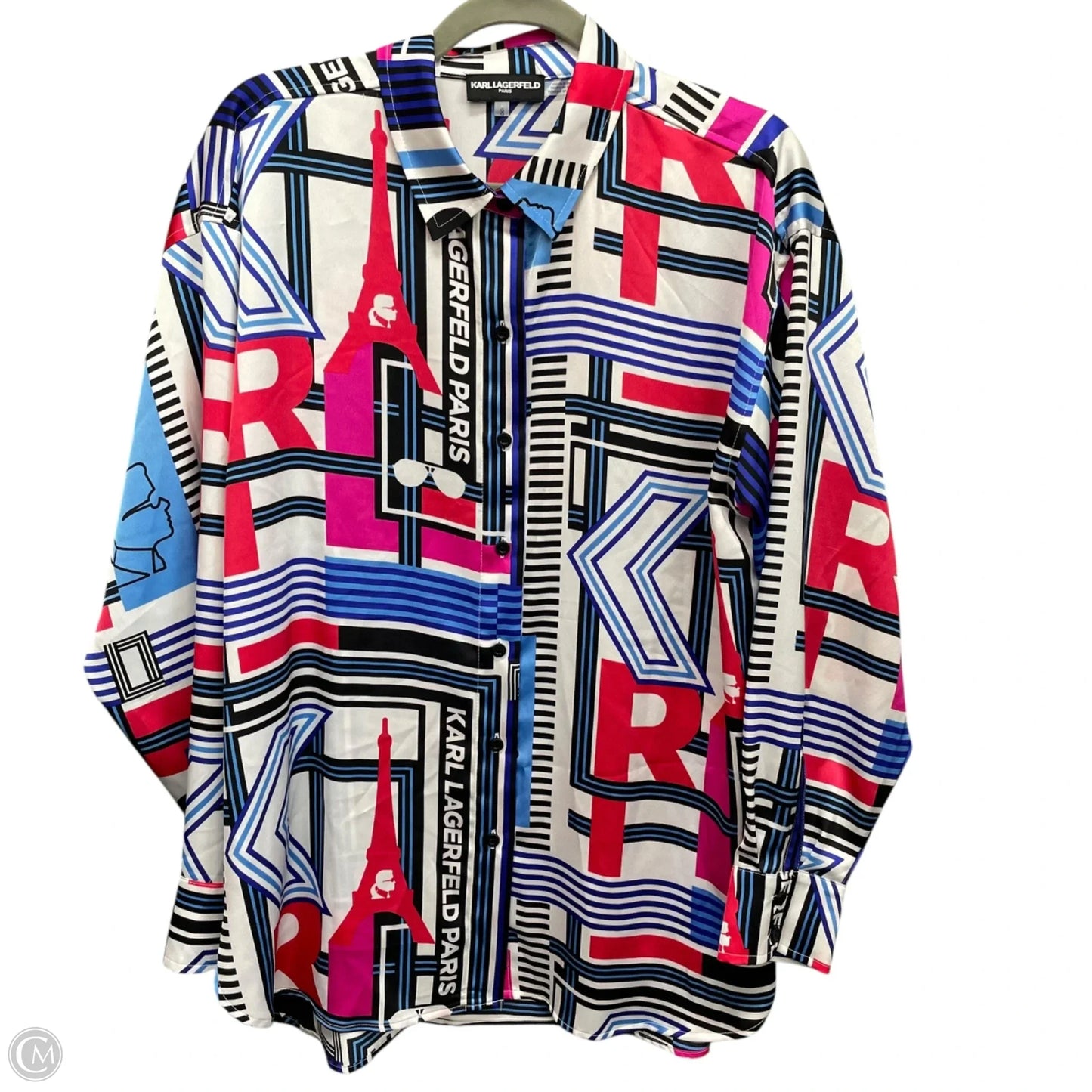 Blouse Designer By Karl Lagerfeld In Blue & Pink, Size: L