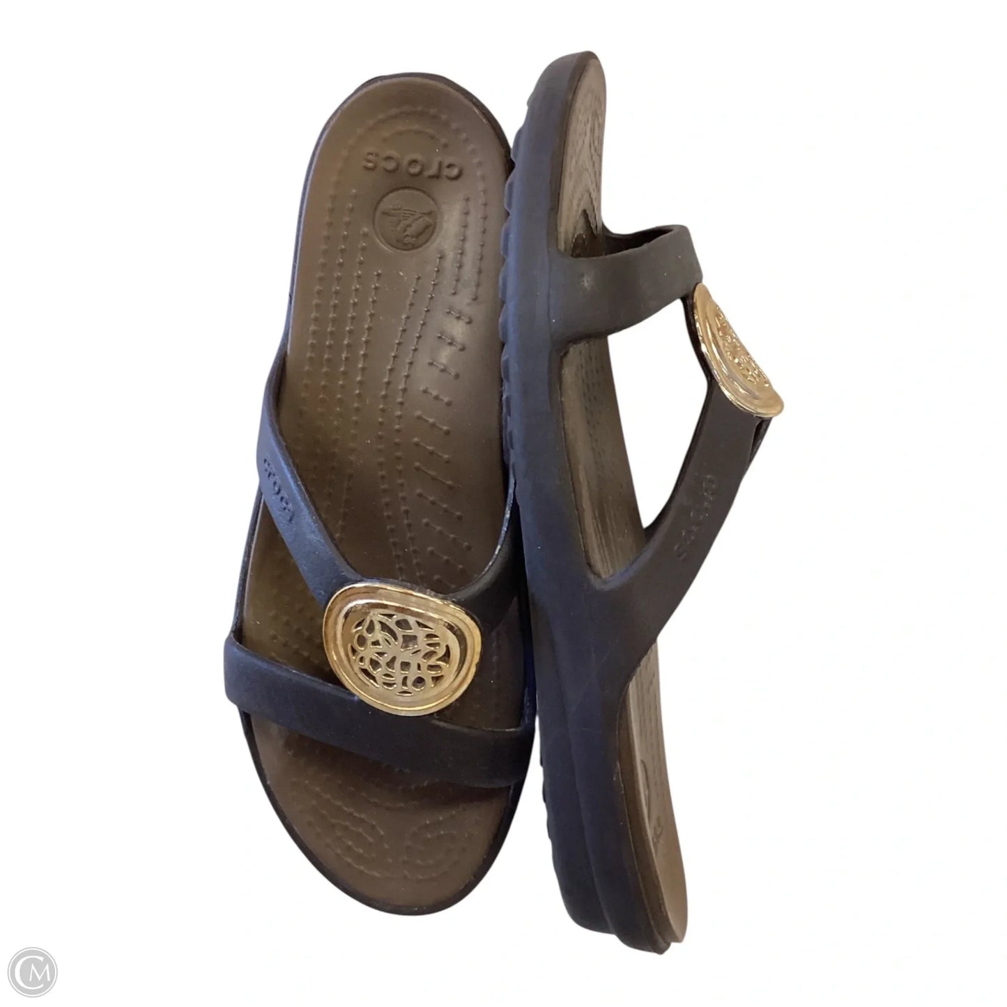 Sandals Flats By Crocs In Brown & Gold, Size: 6