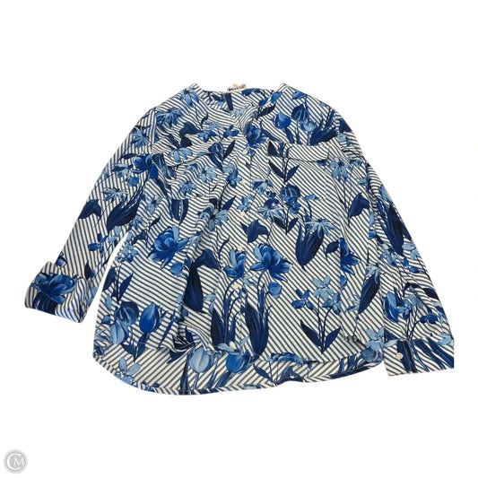 Top 3/4 Sleeve By Calvin Klein In Blue & White, Size: Xl