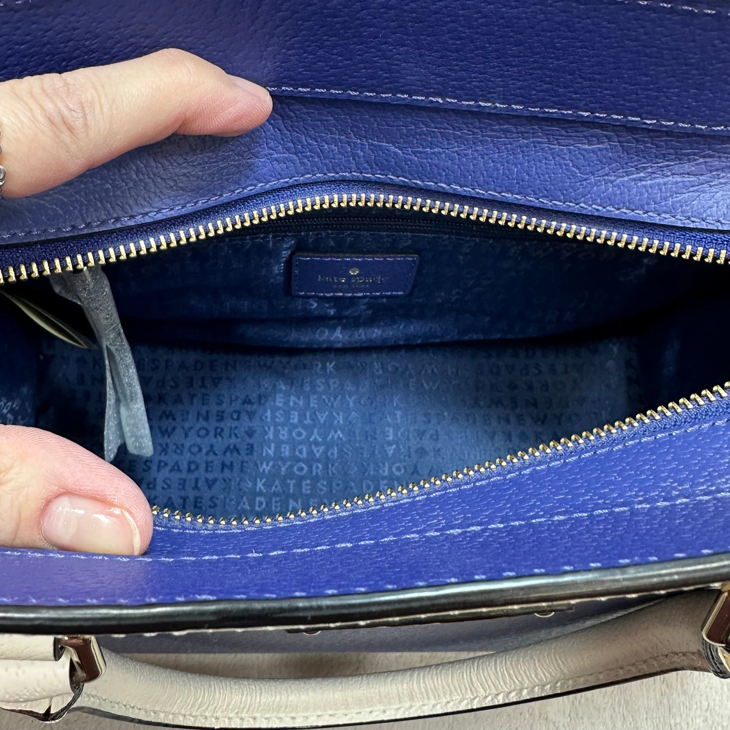 Grove Street Small Caley leather satchel in blue and white Handbag Designer By Kate Spade, Size: Small