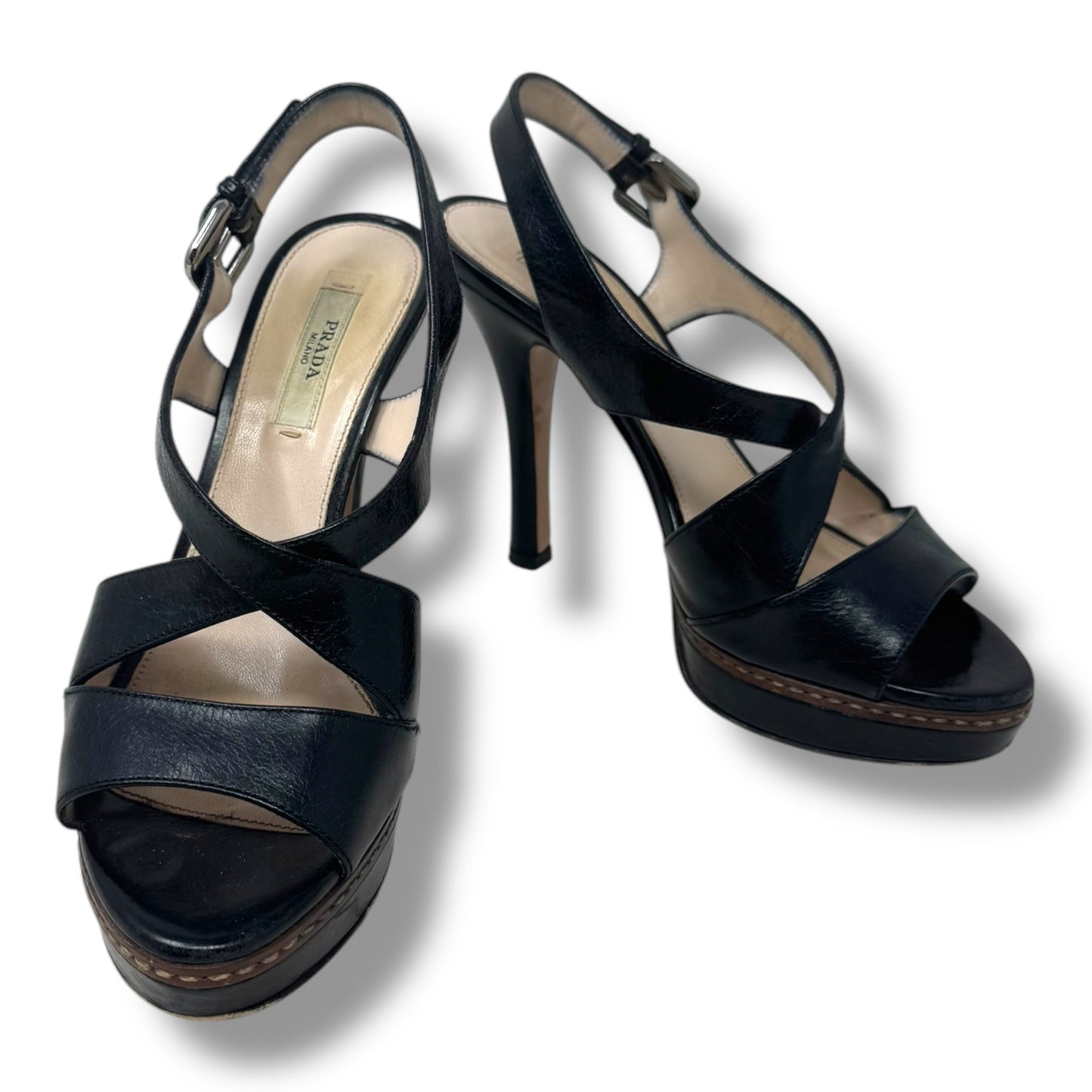 Vitello Shine Slingback Platform Sandals Luxury Designer By Prada In Black, Size: US 6.5/IT 36.5