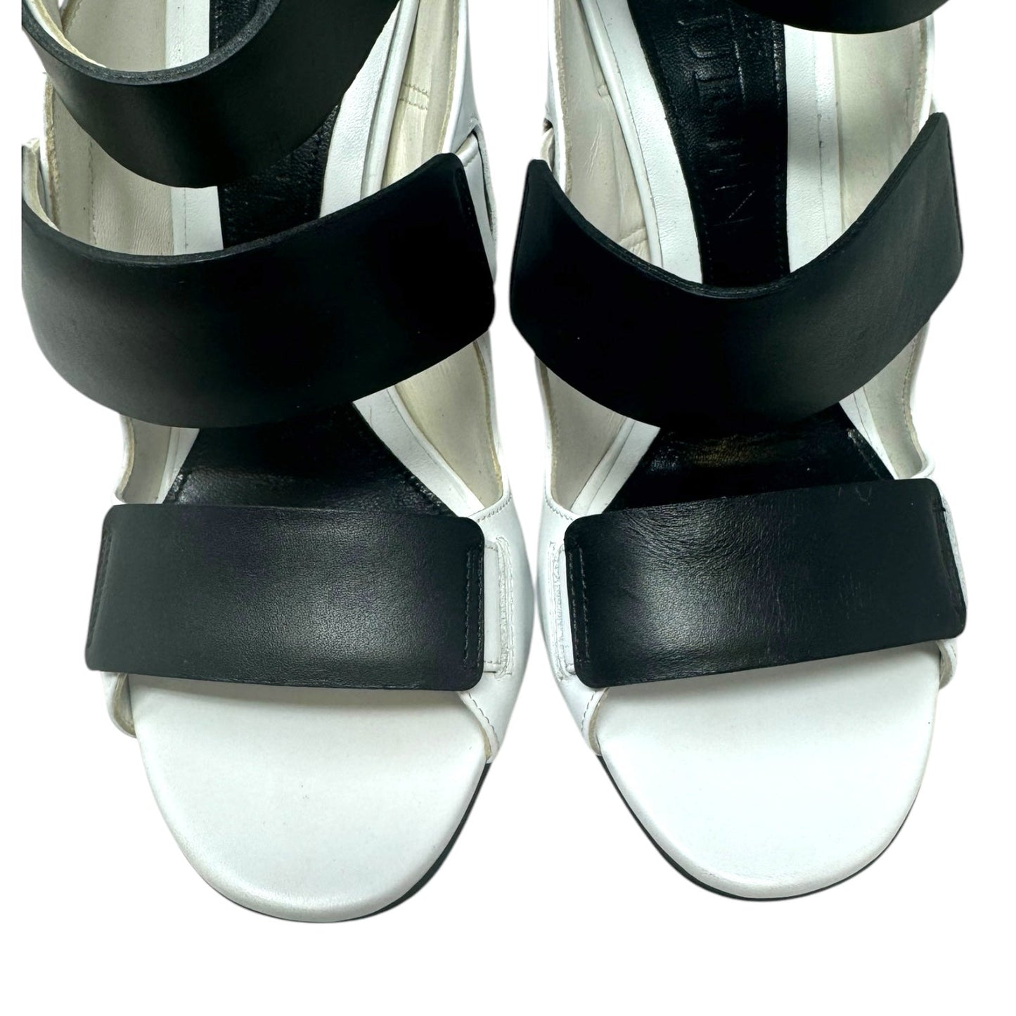 Triple Buckle Leather Stiletto Sandals Luxury Designer By Alexander Mcqueen In Black & White, Size: 6.5