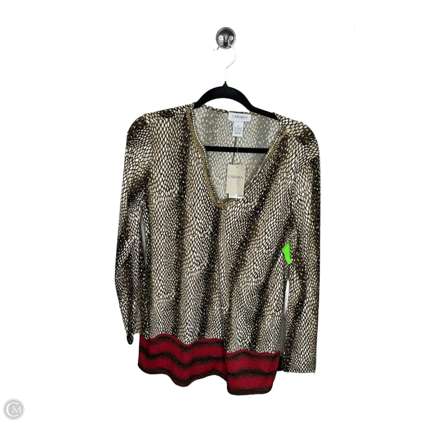 Top Long Sleeve By Carmen By Carmen Marc Valvo In Green & Red, Size: M
