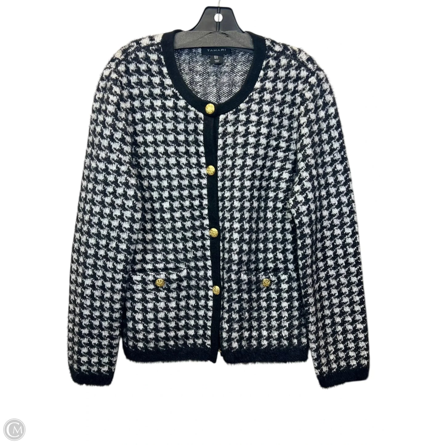 Sweater Cardigan Designer By Tahari In Black & White, Size: M