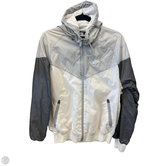 Jacket Windbreaker By Nike Apparel In Grey & White, Size: S
