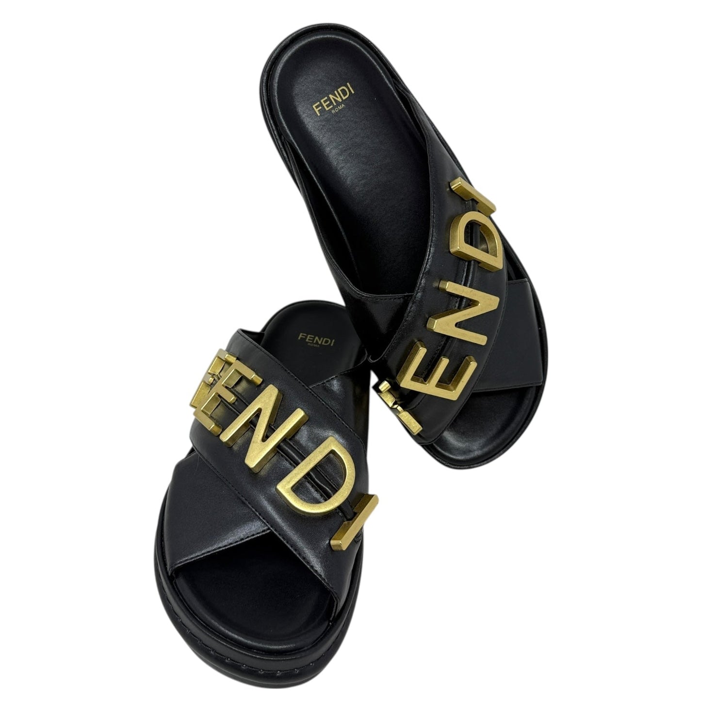 Vitello Fendigraphy Slide Sandals Luxury Designer By Fendi In Black & Gold, Size: US 7 (IT 37)